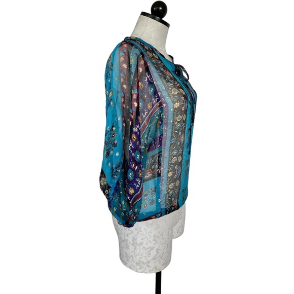 MYNE Ashley Ann Silk Sheer Boho Blouse Floral 3/4 Sleeve Ties at Neck Size 2 - Picture 4 of 13